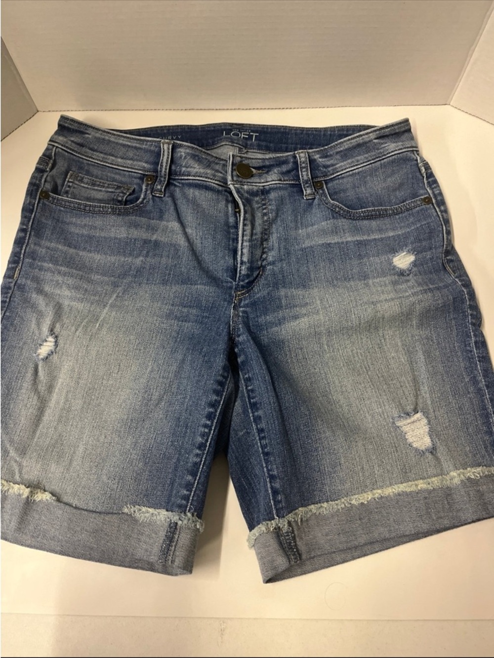 LOFT Light Blue Distressed Denim Bermuda Shorts